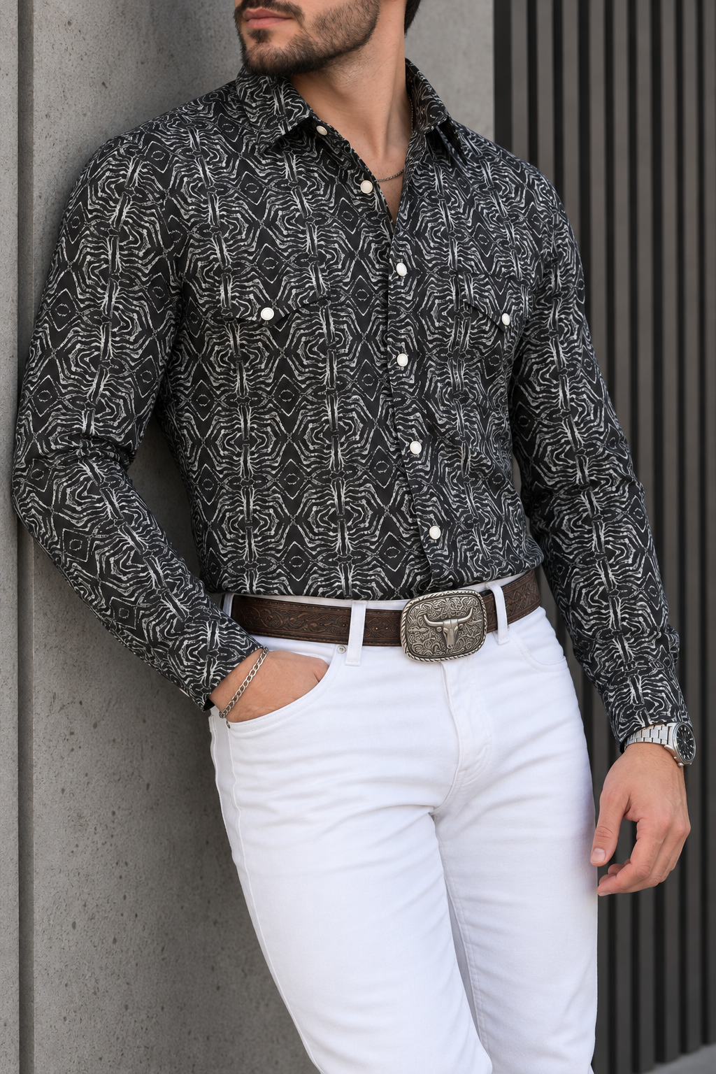 Camisa Vaquera Con Bolsas Negra Trazos Blancos
