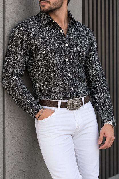 Camisa Vaquera Con Bolsas Negra Trazos Blancos