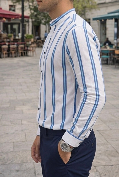 Camisa Cuello Mao Blanca Rayas Azules