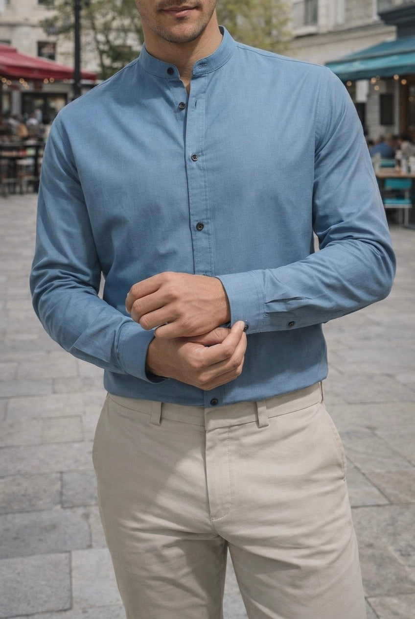 Camisa Cuello Mao Azul Lisa