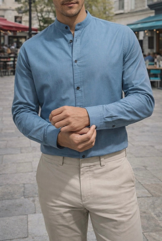 Camisa Cuello Mao Azul Lisa