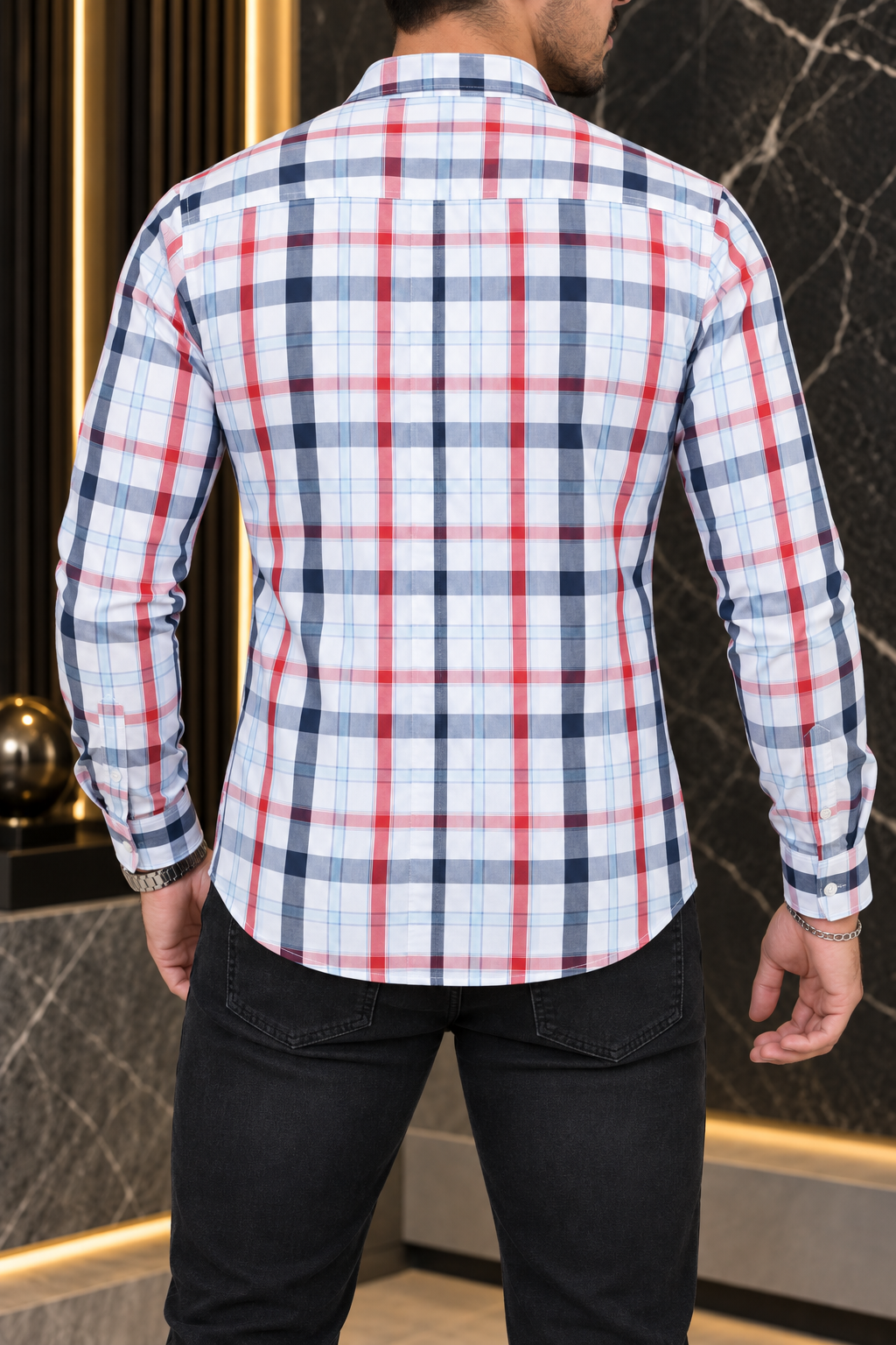 Camisa Manga Larga Blanca Cuadros Grandes Multicolor