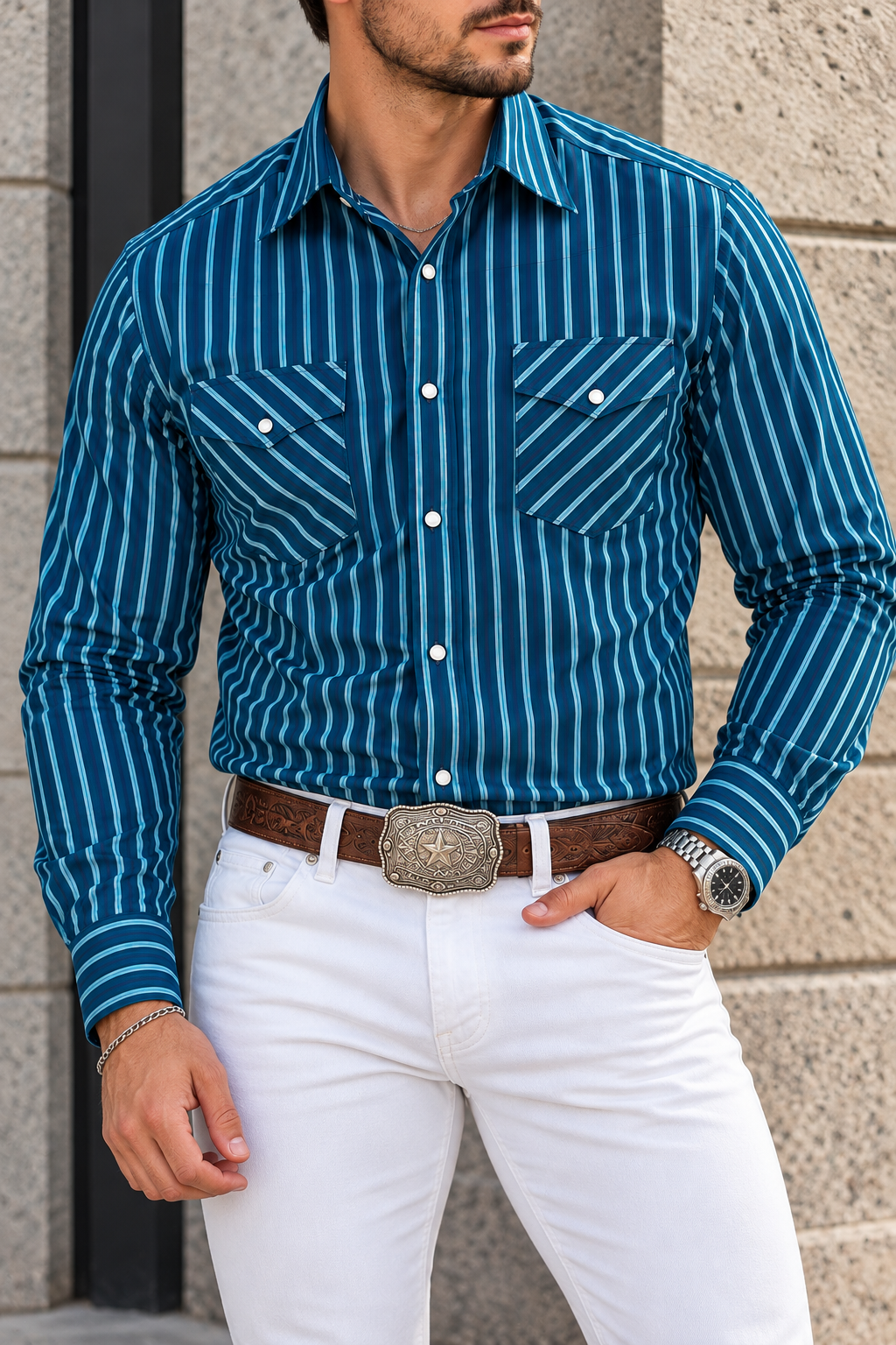 Camisa Vaquera Con Bolsas Azul Rayas Turquesa
