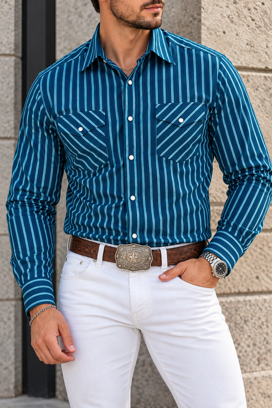 Camisa Vaquera Con Bolsas Azul Rayas Turquesa