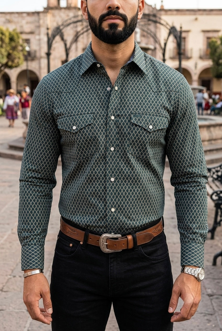 Camisa Vaquera Verde Detalles Blancos