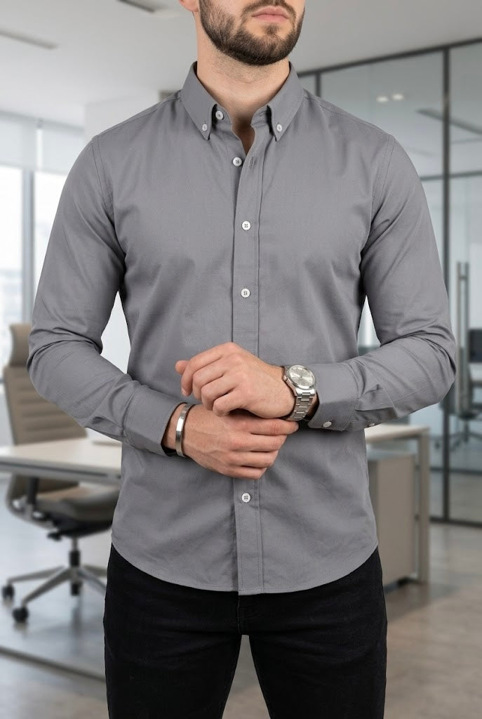 Camisa Manga Larga Lisa Gris Claro