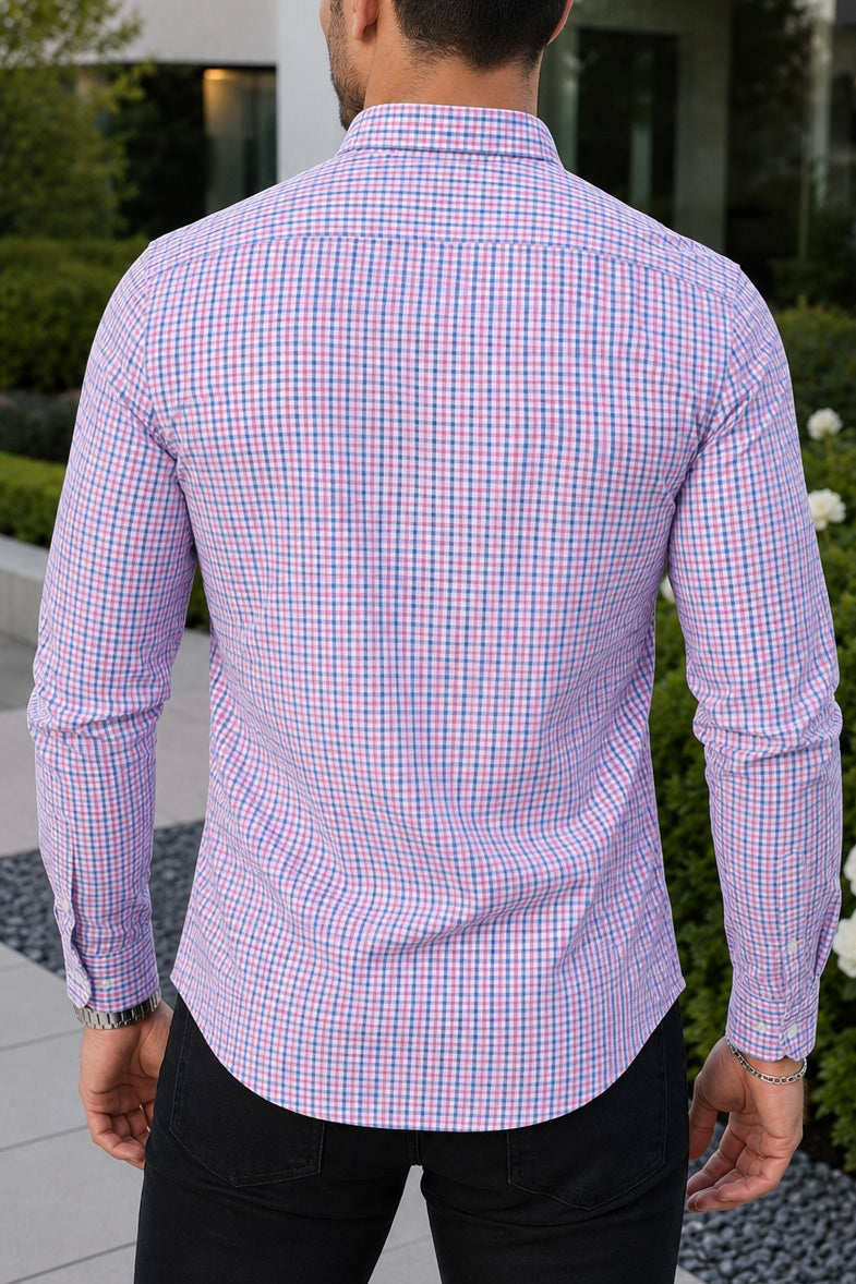 Camisa Manga Larga Cuadros Rosas Y Azules