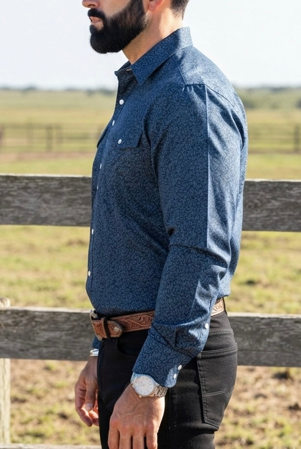 Camisa Vaquera Con Bolsas Azul Detalle Hojas