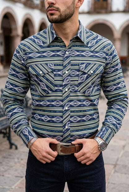 Camisa Vaquera Con Bolsas Azul Detalles Verdes