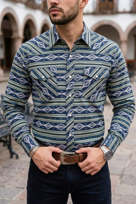 Camisa Vaquera Con Bolsas Azul Detalles Verdes