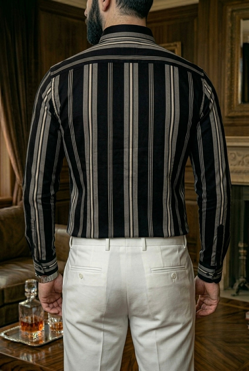 Camisa Negra Rayas Blancas Y Beige