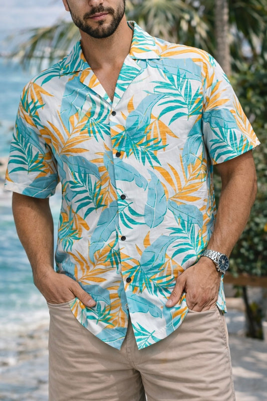 Camisa Manga Corta Blanca Hojas OVERSIZE