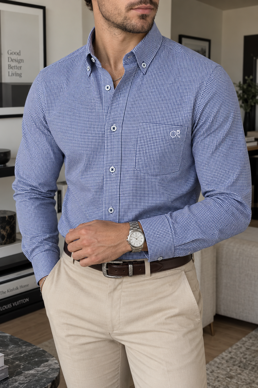 CAMISA DE VESTIR MINI CUADROS AZULES