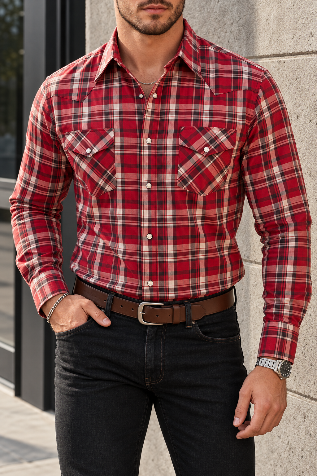 Camisa Vaquera Con Bolsas Cuadros Rojos
