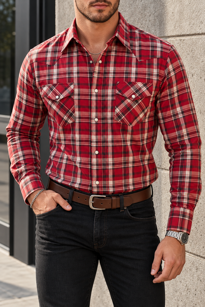 Camisa Vaquera Con Bolsas Cuadros Rojos