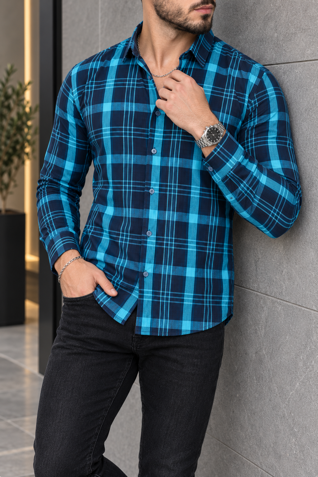 Camisa Manga Larga Cuadros Azules Multicolor