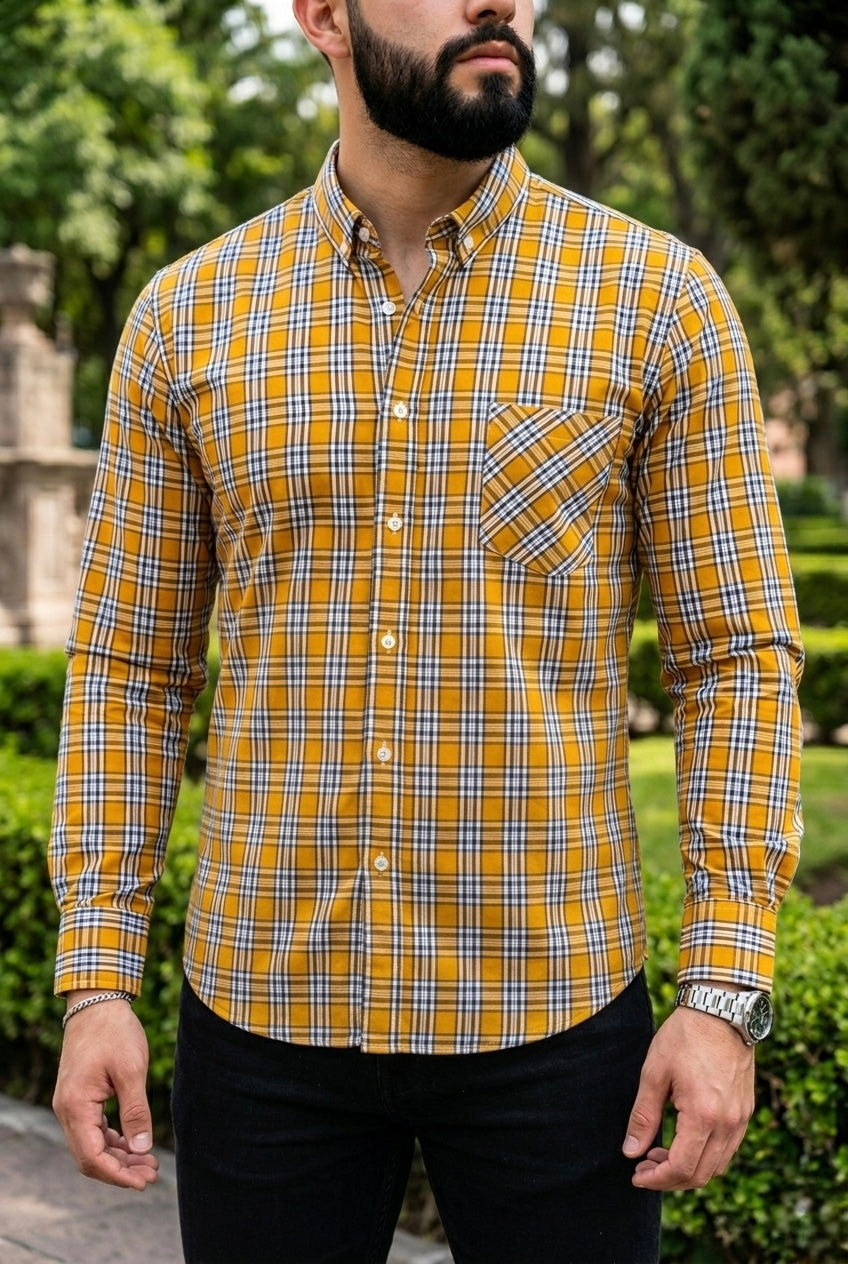 Camisa Manga Larga Con Bolsa Cuadros Amarillos y Blancos