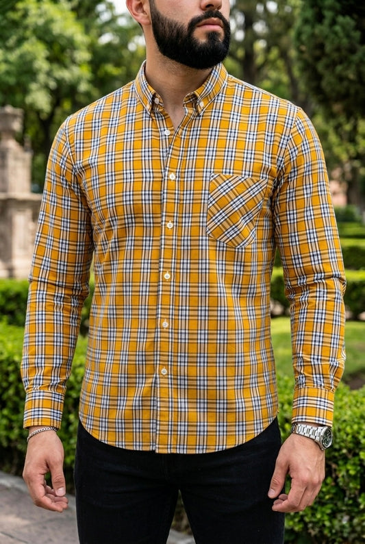 Camisa Manga Larga Con Bolsa Cuadros Amarillos y Blancos