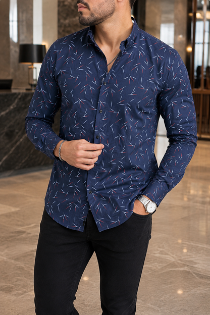 Camisa Manga Larga Azul Detalles Blancos Y Rojos