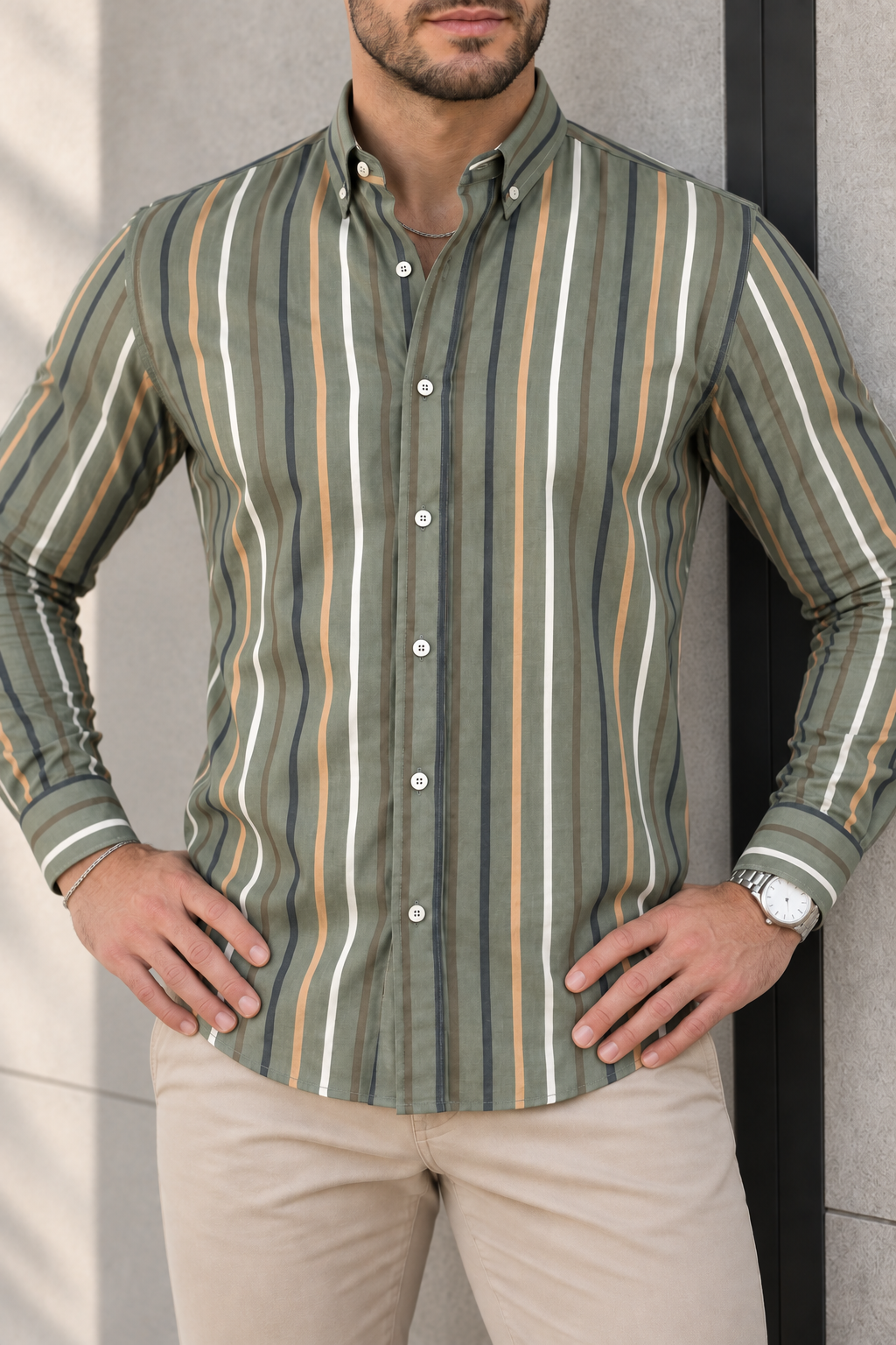 Camisa Manga Larga Verde Rayas Blancas Azules Y Beige