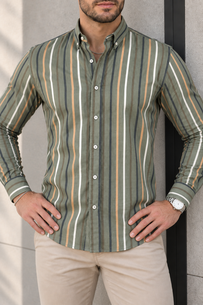 Camisa Manga Larga Verde Rayas Blancas Azules Y Beige