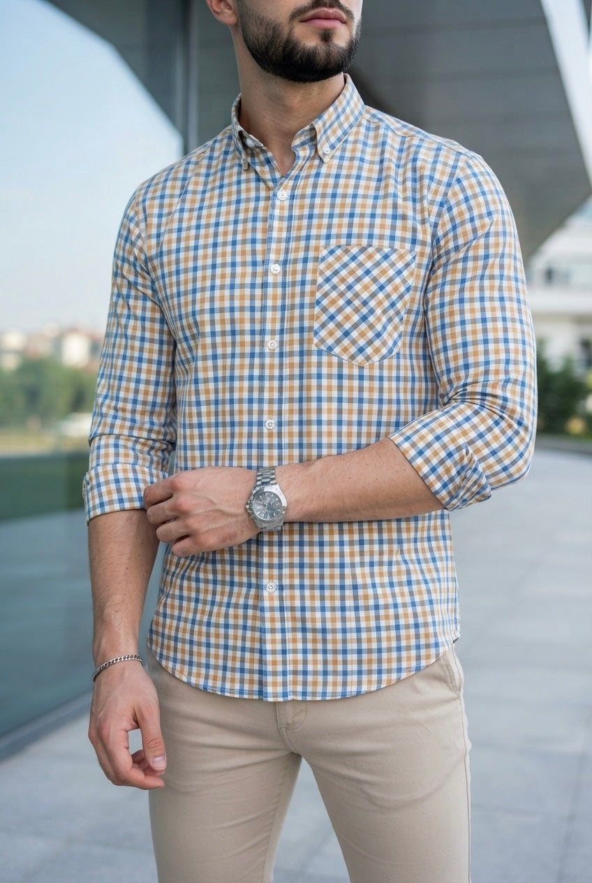 Camisa Manga Larga Mini Cuadros Amarillos Y Azules