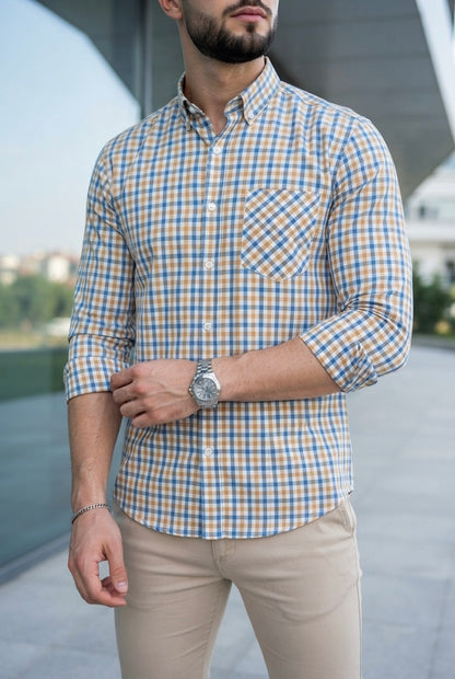 Camisa Manga Larga Mini Cuadros Amarillos Y Azules