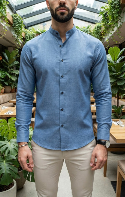 Camisa Manga Larga Cuello Mao Azul Cielo