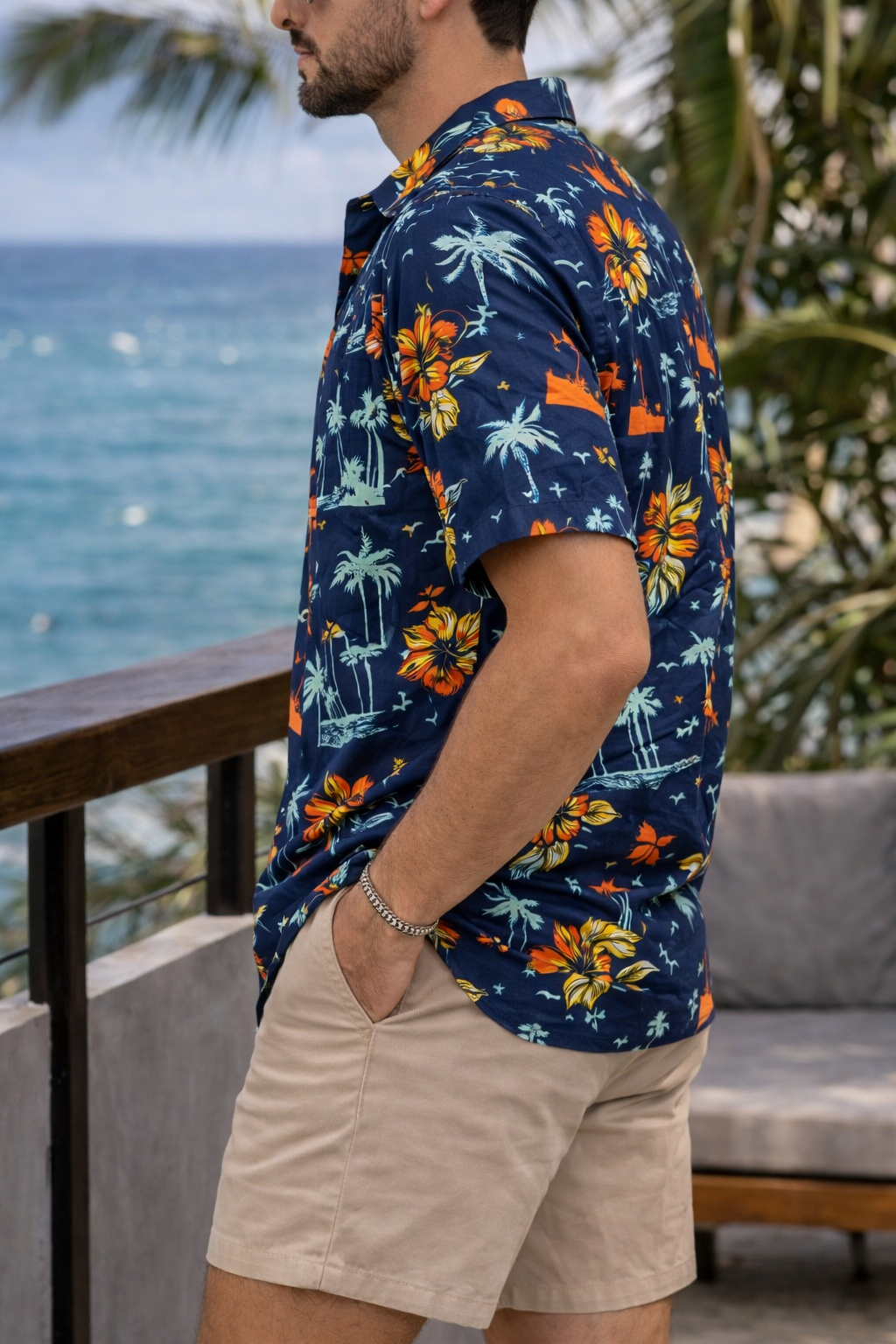 Camisa Manga Corta Azul Palmeras y Flores OVERSIZE