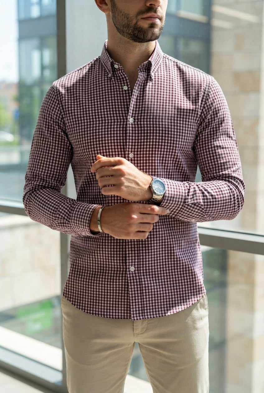 Camisa Manga Larga Mini Cuadros Vino
