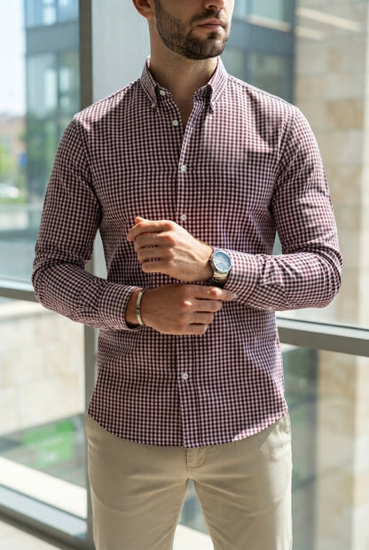 Camisa Manga Larga Mini Cuadros Vino