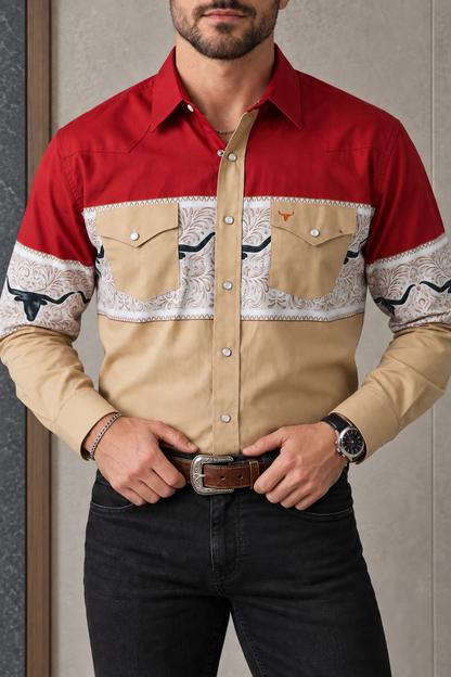 Camisa Vaquera Bicolor Rojo Y Beige