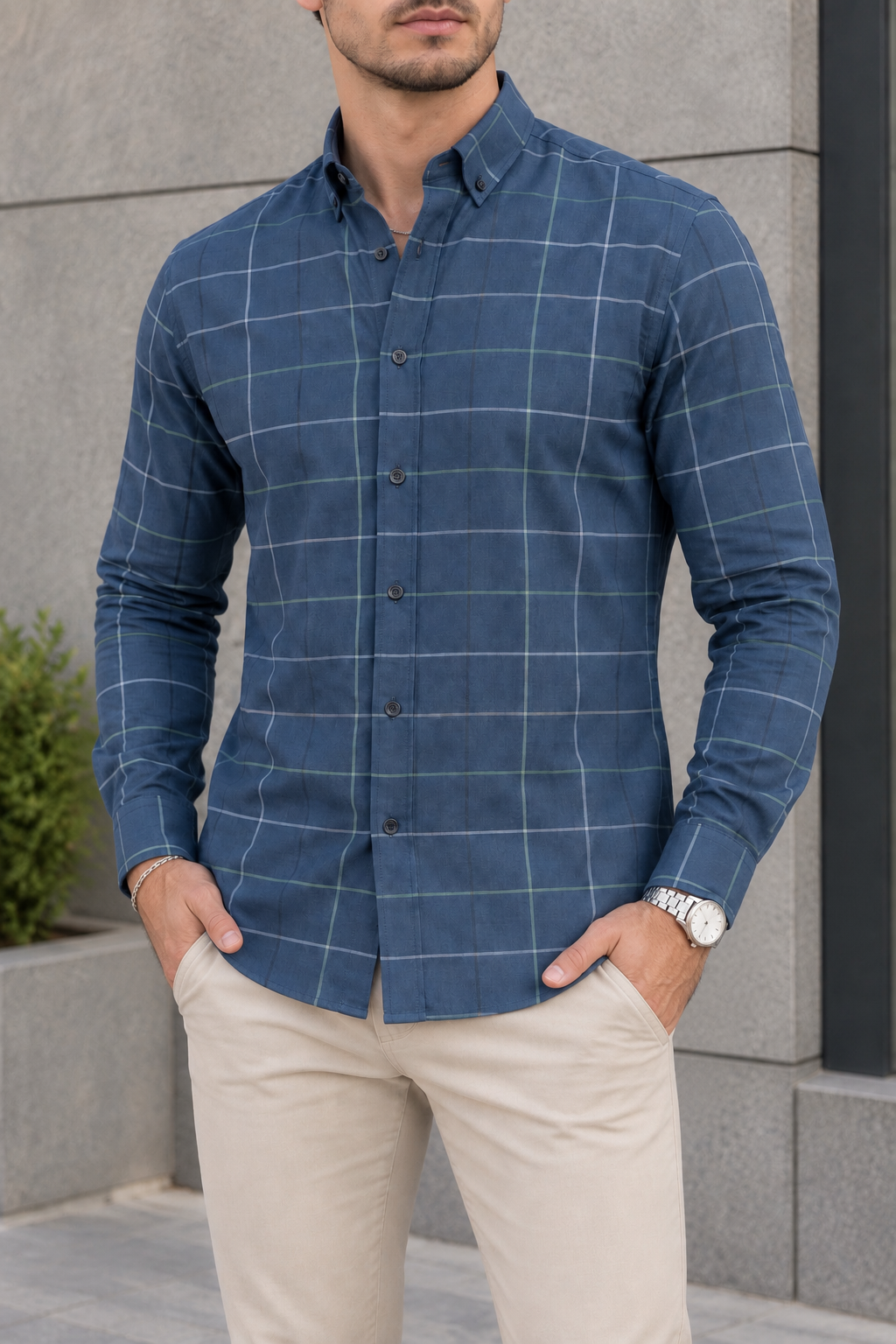 Camisa Manga Larga Azules Cuadros Rayas Blancas