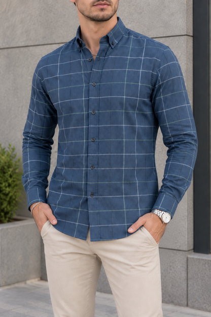 Camisa Manga Larga Azules Cuadros Rayas Blancas