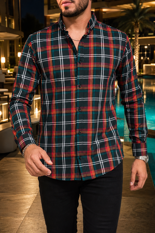 Camisa Manga Larga Cuadros, Líneas Rojas, Amarillas y Blancas
