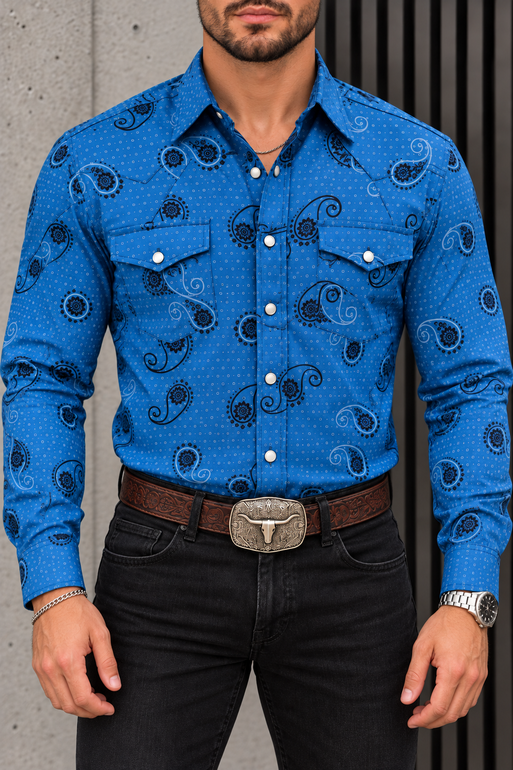 Camisa Vaquera Con Bolsas Azul Paisley Negro