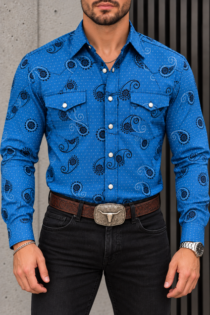 Camisa Vaquera Con Bolsas Azul Paisley Negro