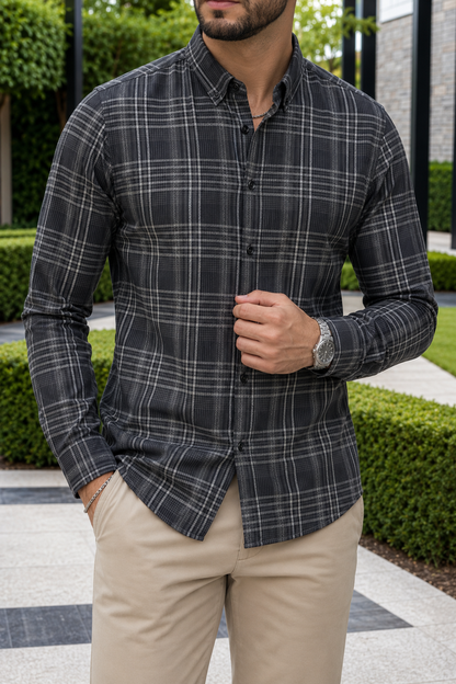 Camisa Manga Larga Gris Rayas Blancas