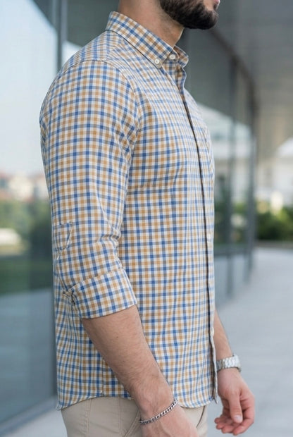 Camisa Manga Larga Mini Cuadros Amarillos Y Azules
