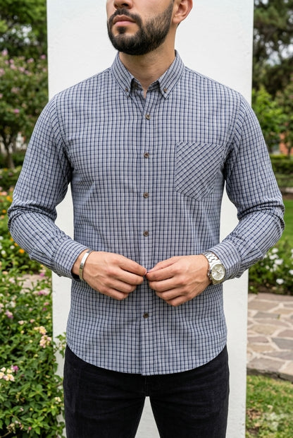 Camisa Manga Larga Con Bolsa Mini Cuadros Azules