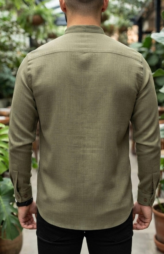 Camisa Manga Larga Cuello Mao Verde Aceituna
