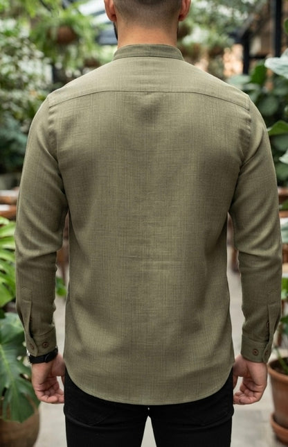 Camisa Manga Larga Cuello Mao Verde Aceituna