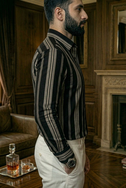 Camisa Negra Rayas Blancas Y Beige