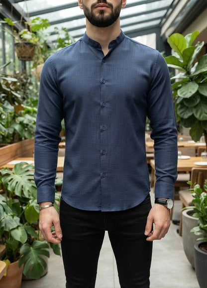 Camisa Manga Larga Cuello Mao Azul Marino