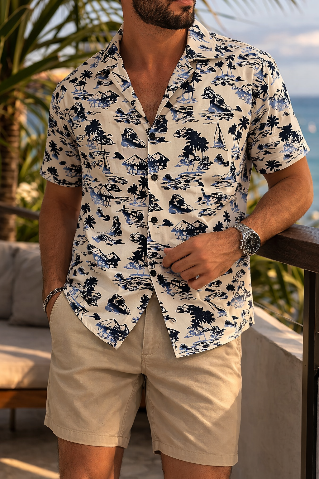 Camisa Manga Corta Blanca Palmeras OVERSIZE