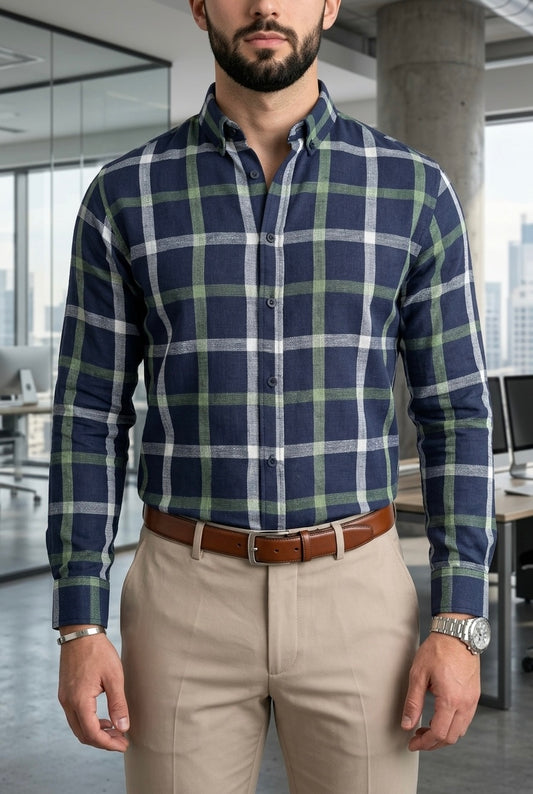 Camisa Casual Hombre Azul Rayas blancas y Verdes