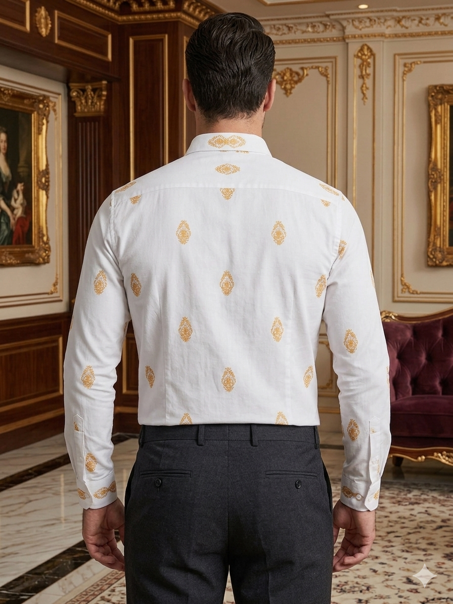 Camisa Casual Hombre Blanca Figuras Amarillas