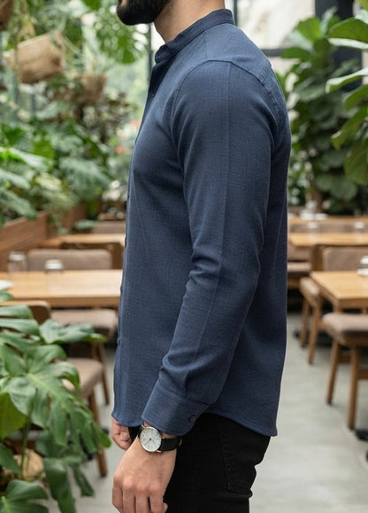 Camisa Manga Larga Cuello Mao Azul Marino
