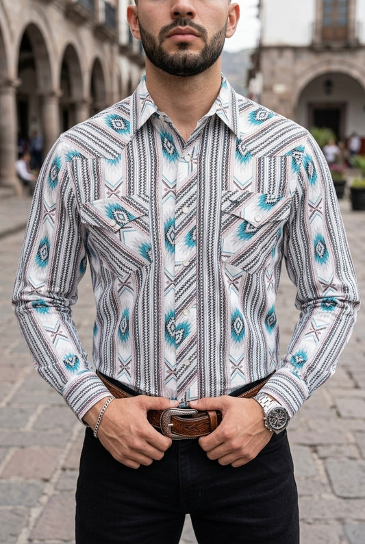 Camisa Vaquera Con Bolsas Blanca Detalles Azules