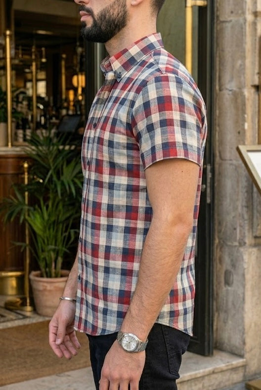 Camisa Manga Corta Cuadros Rojos, Negros, Azules